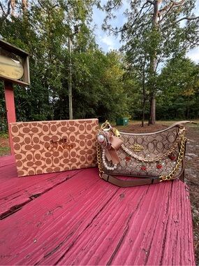 Coach Brown Signature Shoulder Bag with Gold Chain and Red Accents